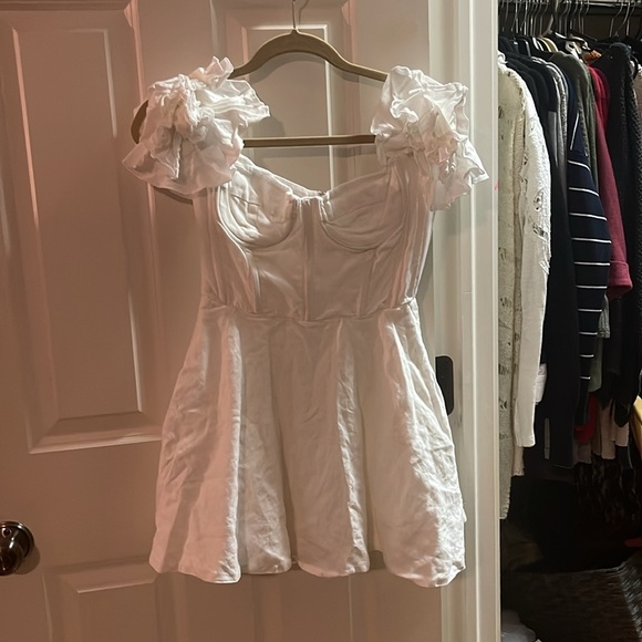 Bardot Sigma White Linen Fit & Flare Off The Shoulder Mini Dress - Picture 3 of 4